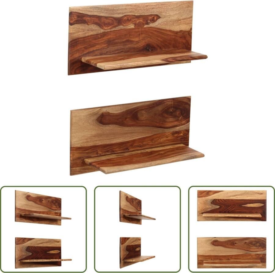 The Living Store Wandschappen 2 st 58x26x20 cm massief sheeshamhout Wandplanken Sheeshamhout Vintage Stijl Handmade Woonaccessoires