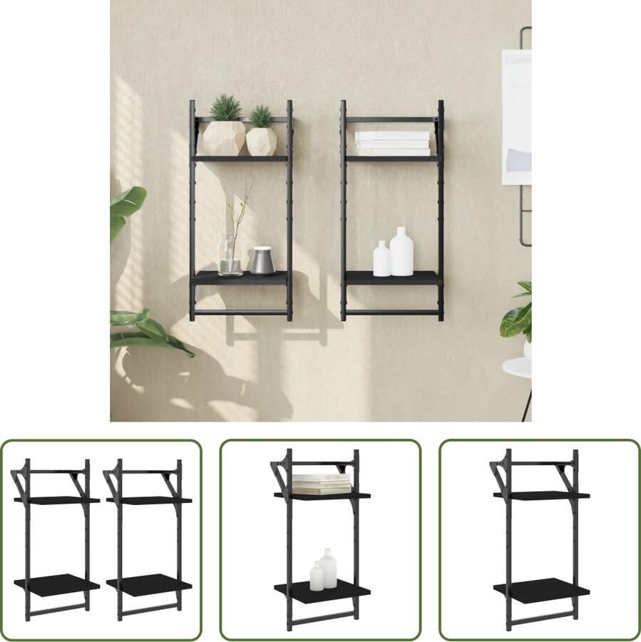 VidaXL Houten Wanddecoratie Wandplanken Wandschappen 2-laags met stangen 2 st 30x25x65 cm zwart Opslagmogelijkheid Muuropslag Minimalistisch Wonen