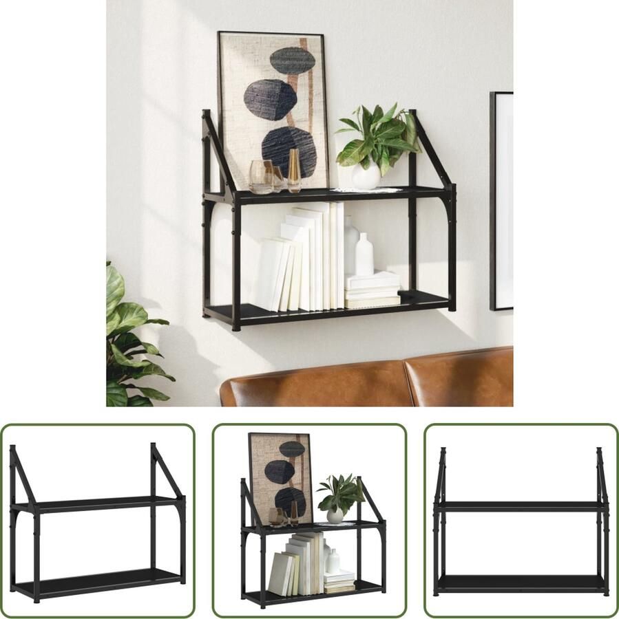 The Living Store Wandrek 2-laags 60x21x51 cm bewerkt hout zwart Wandrek Houten Wandrek Zwarte Wandrek Opbergkast Wanddecoratie