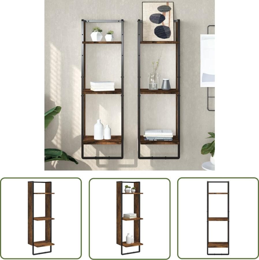 The Living Store Wandrek 3-laags 30x25x100 cm bewerkt hout gerookt eikenkleurig Wanddecoratie Wandplankje Houten Wandrek Bergruimte Opslagmogelijkheden - Foto 2