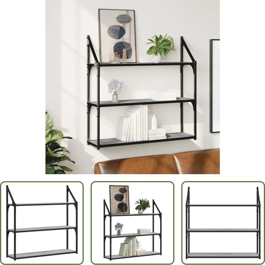 VidaXL Grijze Wanddecoratie Wandrek 3-laags 80x21x78 5 cm bewerkt hout grijs sonoma Houten Wandplank Opslagoplossing Industrieel Design - Foto 2
