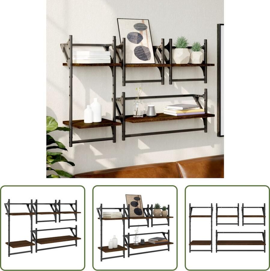 VidaXL Houten Wandplank Wandplanken 4-delige Wandschappenset met stangen bewerkt hout bruineiken Bruine Kastjes Bruine Eiken Meubilair Opbergkast - Foto 2