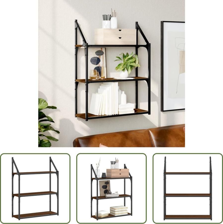 The Living Store Wandrek 3-laags 60x21x78 5 cm bewerkt hout bruin eikenkleur Wandrek Houten Wandrek Bruine Eiken Wandrek Opbergruimte Woonaccessoires