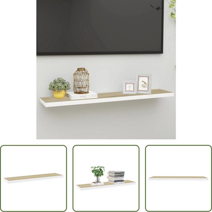 The Living Store Wandschap zwevend 120x23 5x3 8 cm MDF eikenkleurig en wit Wanddecoratie Wandplank Zwevend Schap Opbergruimte Livingroom Decoratie