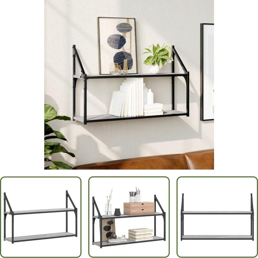 VidaXL Wandrek 2-laags 80x21x51 cm bewerkt hout grijs sonoma eiken Wandrek Grijze Wanddecoratie Houten Wandplank Opslagoplossing Minimalistisch Design
