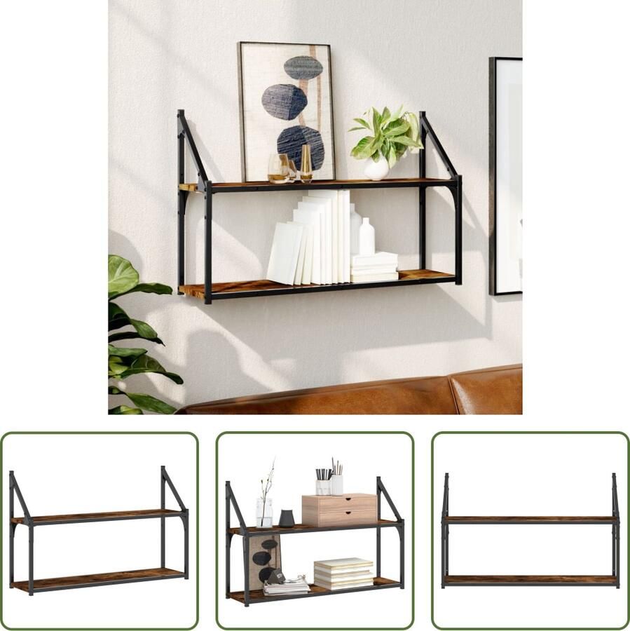 The Living Store Wandrek 2-laags 80x21x51 cm bewerkt hout gerookt eikenkleurig Wandrek Houten Wandrek Bergruimte Opbergkast Woonaccessoires