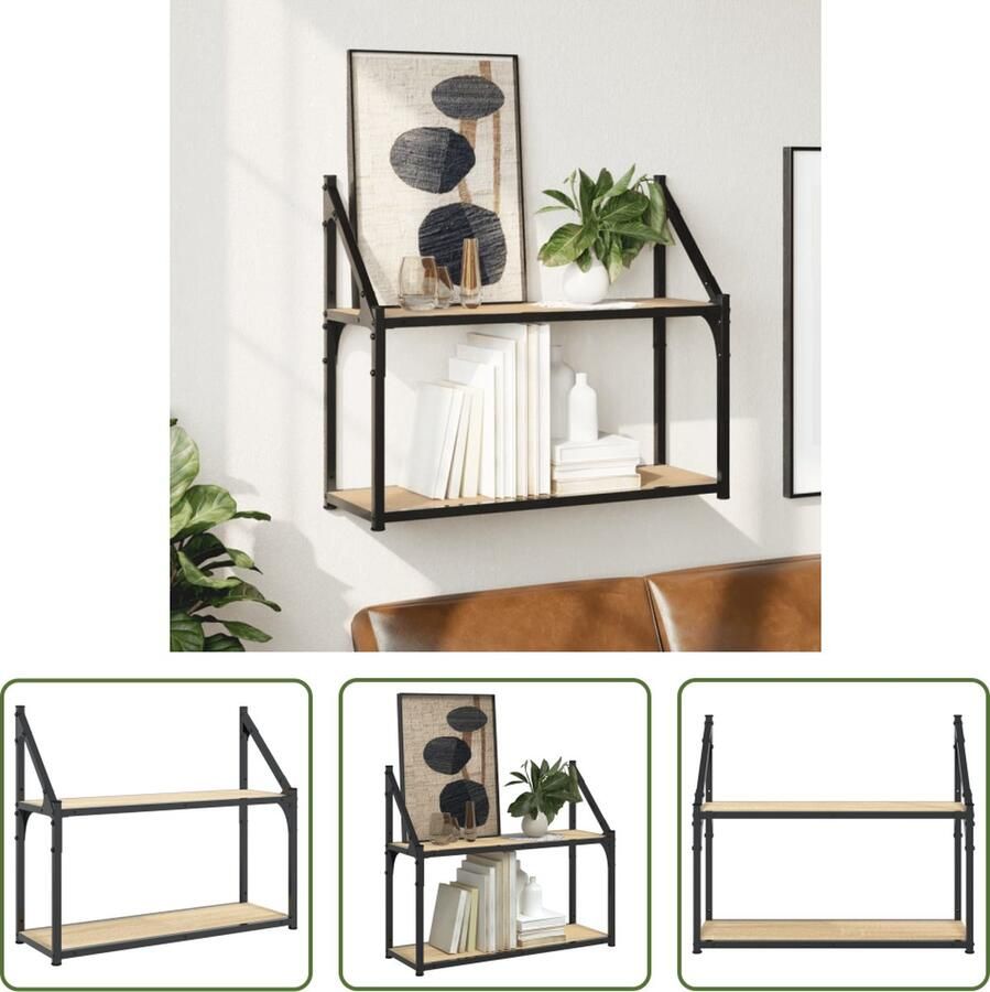 The Living Store Wandrek 2-laags 60x21x51 cm bewerkt hout sonoma eikenkleurig Wandrek Houten Wandrek Sonomaneik Opbergruimte Salontafel