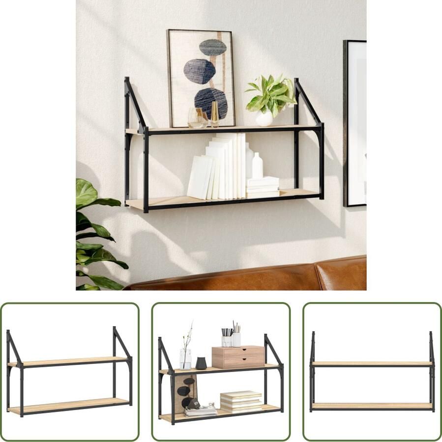The Living Store Wandrek 2-laags 80x21x51 cm bewerkt hout sonoma eikenkleurig Wandrek Houten Wandrek Opbergkast Salontafel Decoratief Wandrek - Foto 2