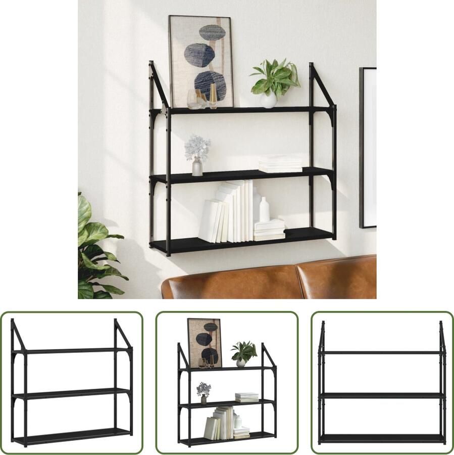 The Living Store Wandrek 3-laags 80x21x78 5 cm bewerkt hout zwart Wandrek Houten Wandrek Opbergkast Wandopstelling Woonaccessoires