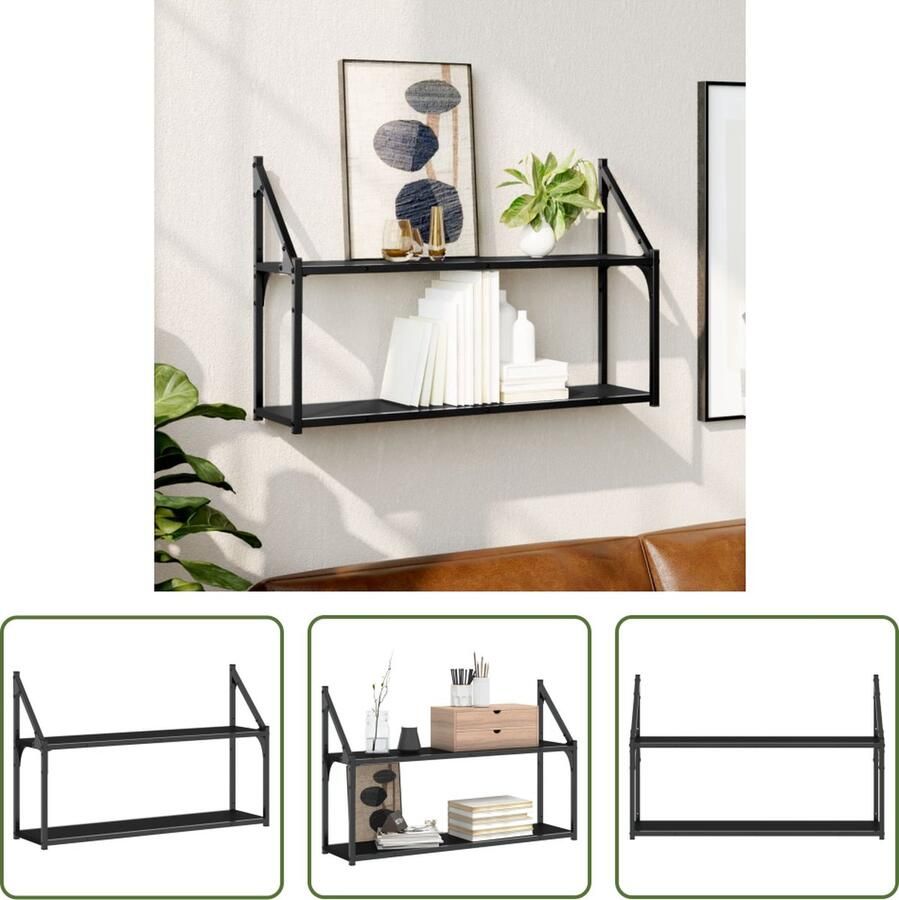 The Living Store Wandrek 2-laags 80x21x51 cm bewerkt hout zwart Wandrek Zwevend Rek Houten Wandrek Opbergruimte Kastje
