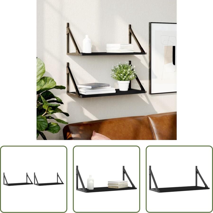 The Living Store Wandschappen 2 st 60x25x25 5 cm bewerkt hout zwart Wanddecoratie Wandplankje Houten Wandrek Zwart Wandrek Opslagmogelijkheden
