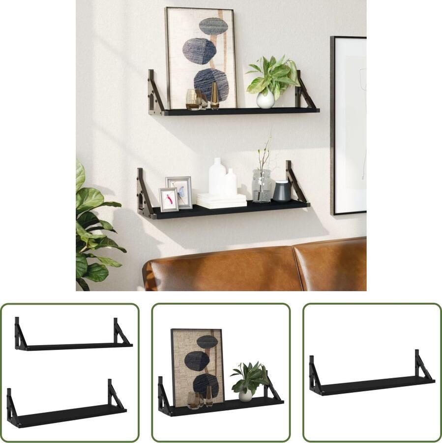 The Living Store Wandschappen 2 st 60x15x15 5 cm zwart Wanddecoratie Wandplankje Woonaccessoires Opslagmogelijkheden Houten Wandrek - Foto 2