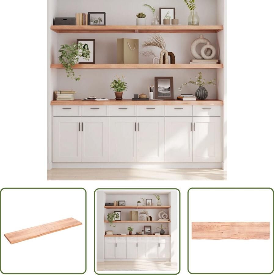 The Living Store Wandschap 220x50x(2-6)cm behandeld massief eikenhout lichtbruin Wandplank Eikenhouten Plank Ruwe Eik Vintage Wanddecoratie Opbergplanken