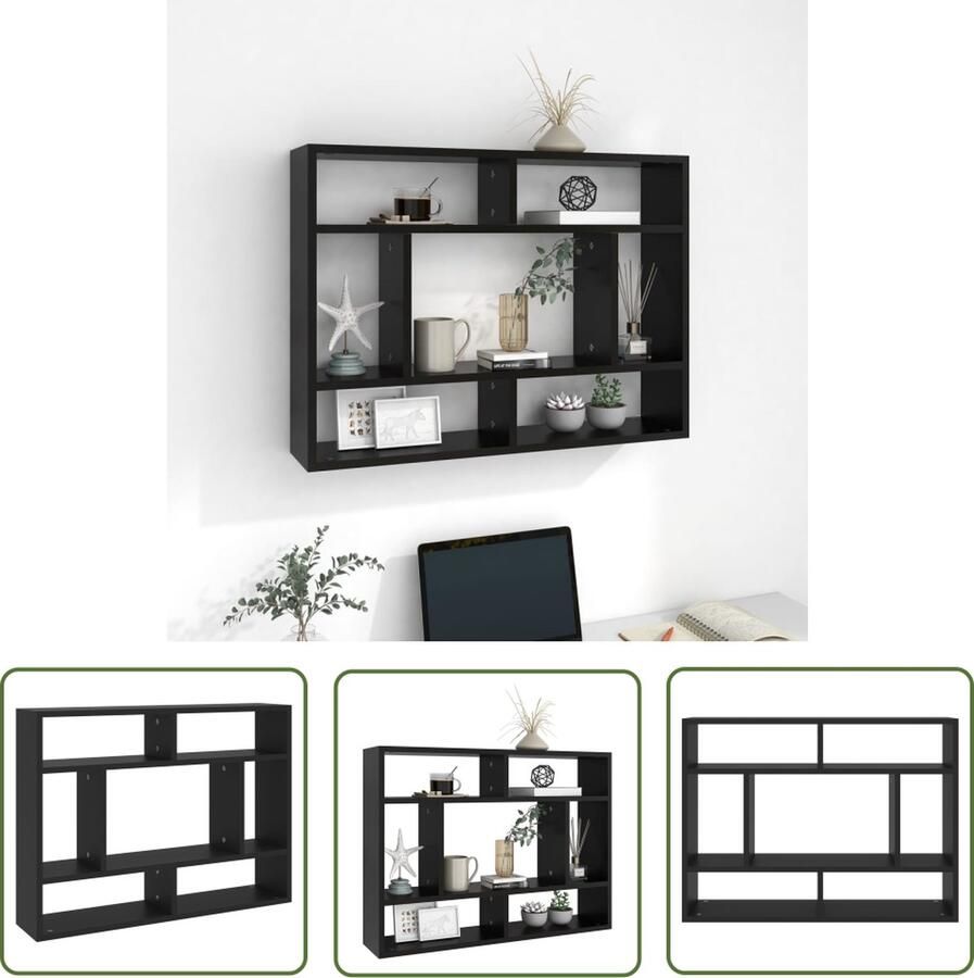 The Living Store Wandschap 75x16x55 cm bewerkt hout zwart Wanddecoratie Houten Wandrek Bergruimte Opslagoplossing Designkast