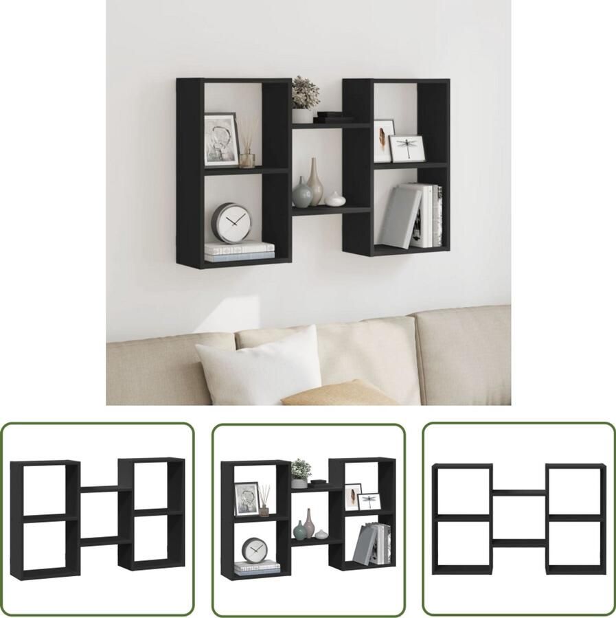 The Living Store Wandschap 96x18x60 cm bewerkt hout zwart Wandplank Houten Kast Opslagoplossing Muurschaps Minimalistisch Meubilair