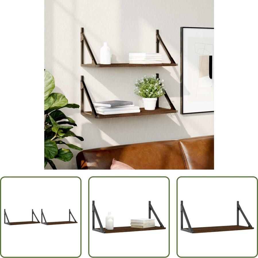 The Living Store Wandschappen 2 st 60x25x25 5 cm bewerkt hout bruin eikenkleur Wanddecoratie Wandplank Houten Wandrek Bruine Eiken Meubels Woonaccessoires