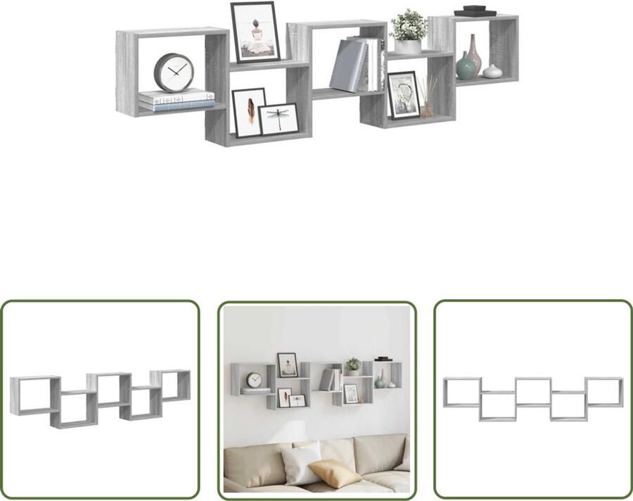 The Living Store Wandschap kubus 5 vakken bewerkt hout grijs sonoma eikenkleurig Wandplankje Kastje Opslagoplossing Houten Plank Minimalistisch Meubilair