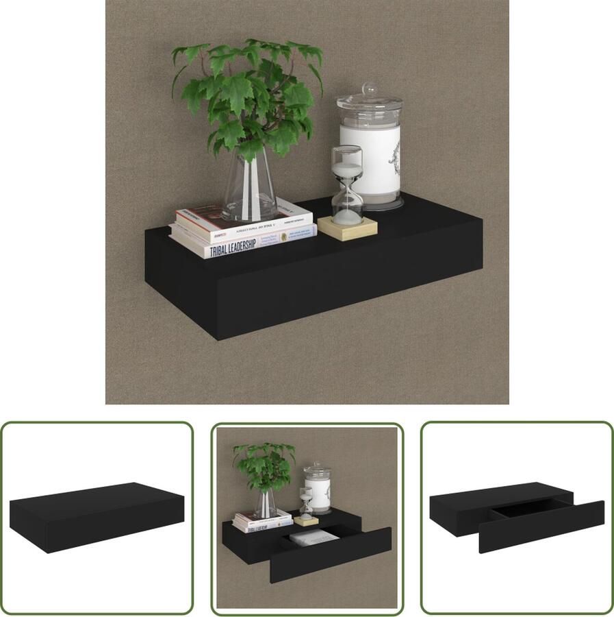 VidaXL Wandplank Met Lade Zwevend Wandrek Wandschap met lade zwevend 48x25x8 cm zwart Black Shelf Mdf Plank Minimalistisch Wanddecoratie - Foto 2