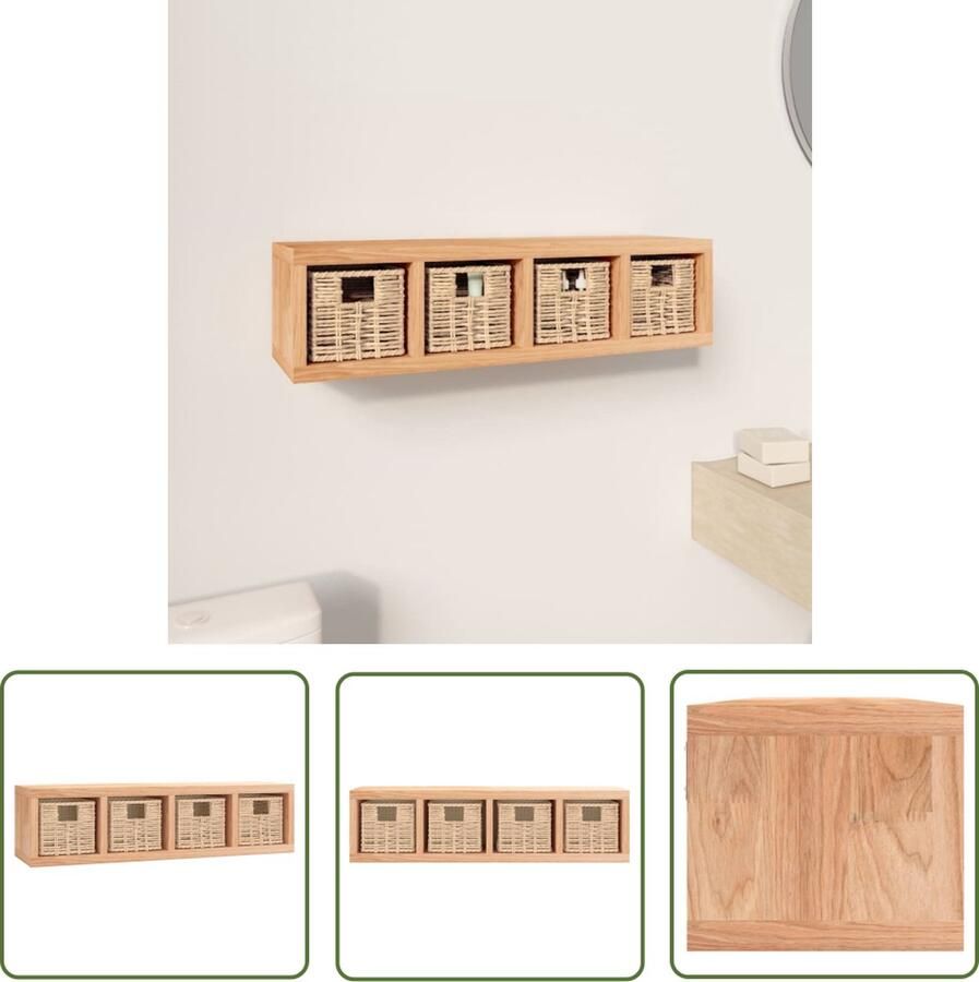 The Living Store Wandschap met manden 62x18x16 cm massief walnotenhout Houten Wandschap Wandplank Opbergwand Walnoten Hout Vintage Kastje