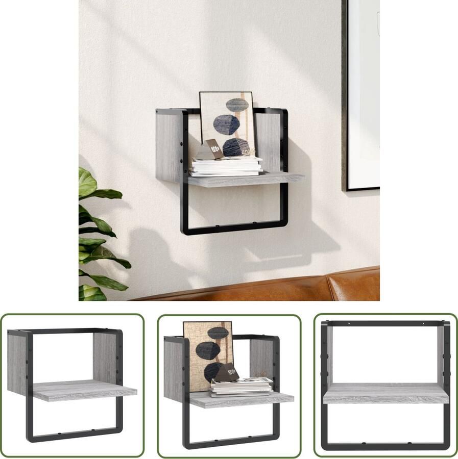 The Living Store Wandschap met stang 30x25x30 cm grijs sonoma eikenkleurig Wanddecoratie Wandplanken Houten Wandplank Grijze Wandplank Sonome Eiken