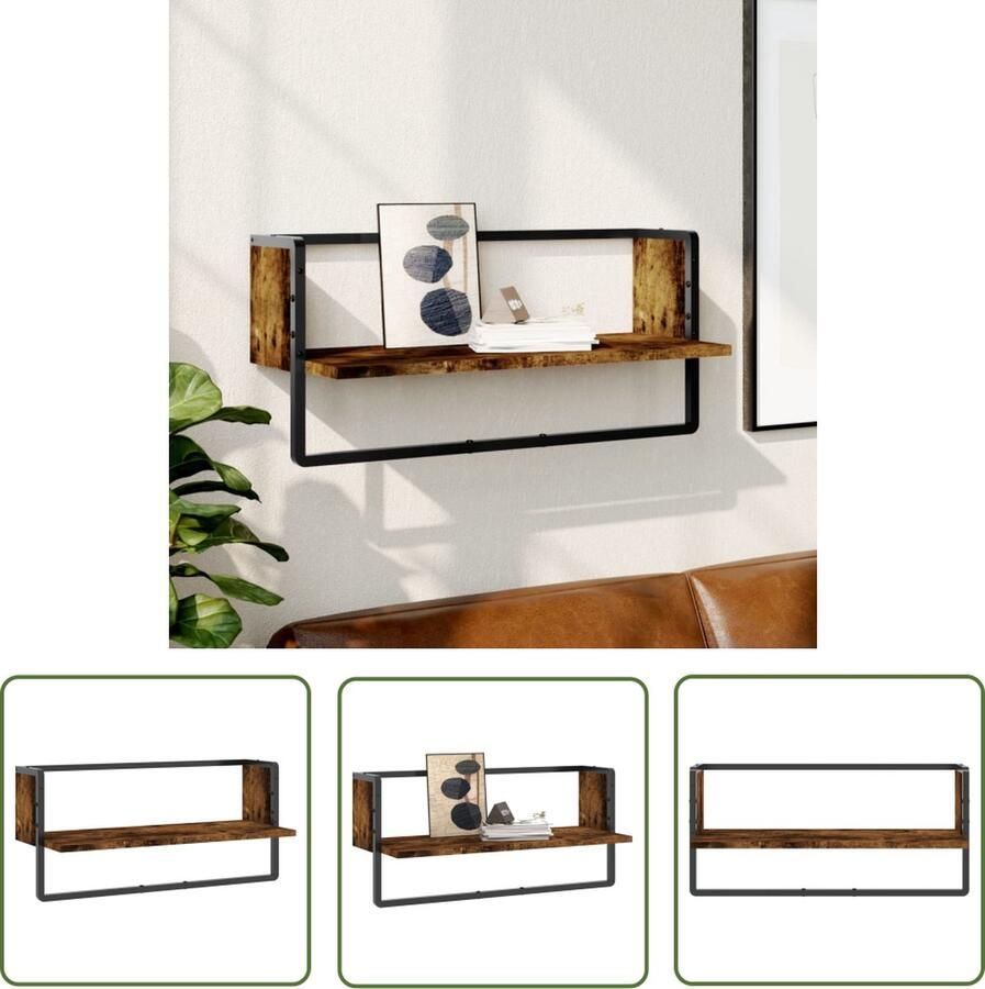 The Living Store Wandschap met stang 65x25x30 cm gerookt eikenkleurig Zwevend Wandschap Houten Wanddecoratie Opbergwand Wandplanken Woonaccessoires