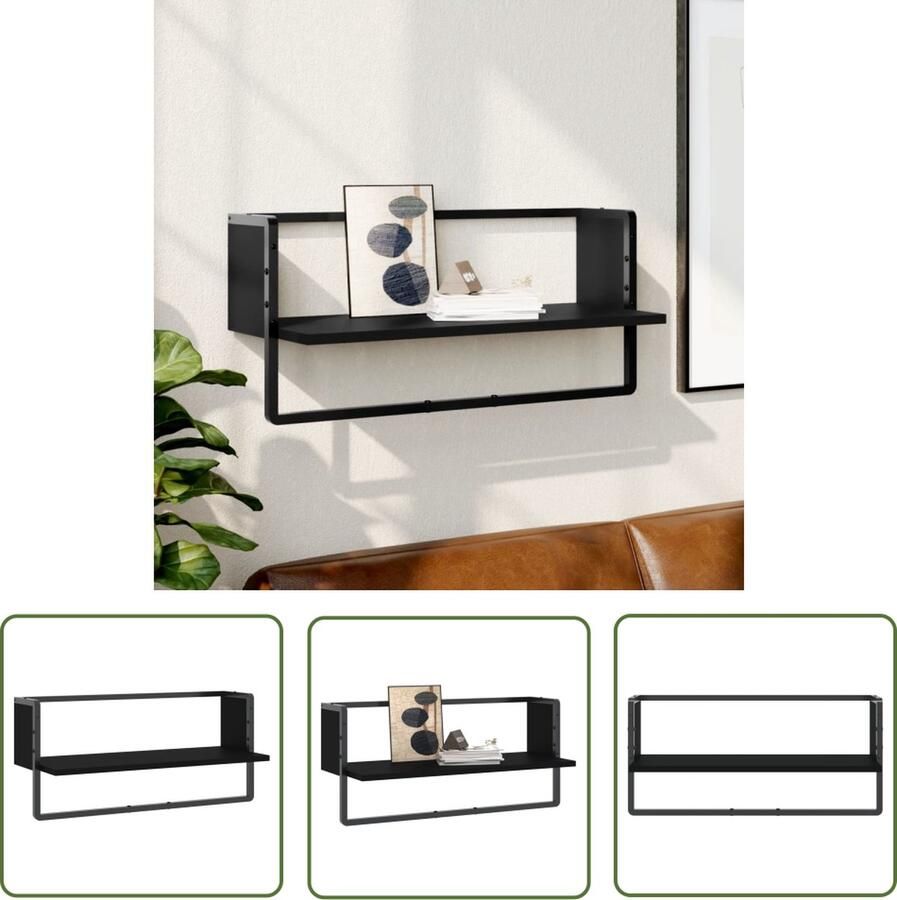 The Living Store Wandschap met stang 65x25x30 cm zwart Zwevend Wandschap Wanddecoratie Zwarte Wandplank Houten Wandrek Opbergwand