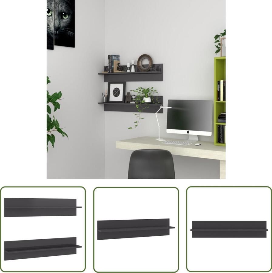 The Living Store Wandschappen 2 st 80x11 5x18 cm bewerkt hout hoogglans grijs Wandplank Hangend Rek Woonaccessoires Interieurstijl Livingroomdecor