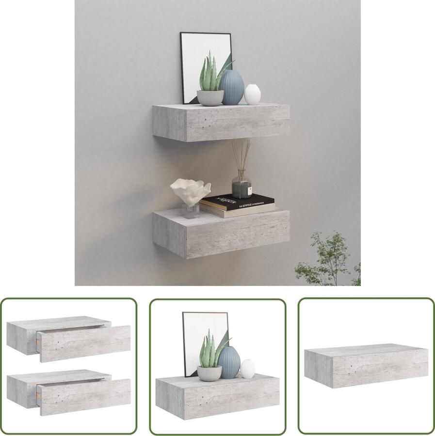 The Living Store Wandschappen 2 st met lade 40x23 5x10 cm MDF betongrijs Zwevend Ladeschap Wandplank Bergruimte Opbergkast Beton Grijs - Foto 2
