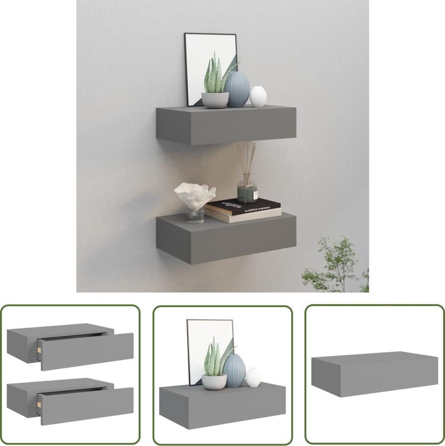 VidaXL Wanddecoratie Wandplank Wandschappen 2 st met lade 40x23 5x10 cm MDF grijs Opbergplankje Mdf Plank Grijze Wandplank - Foto 2