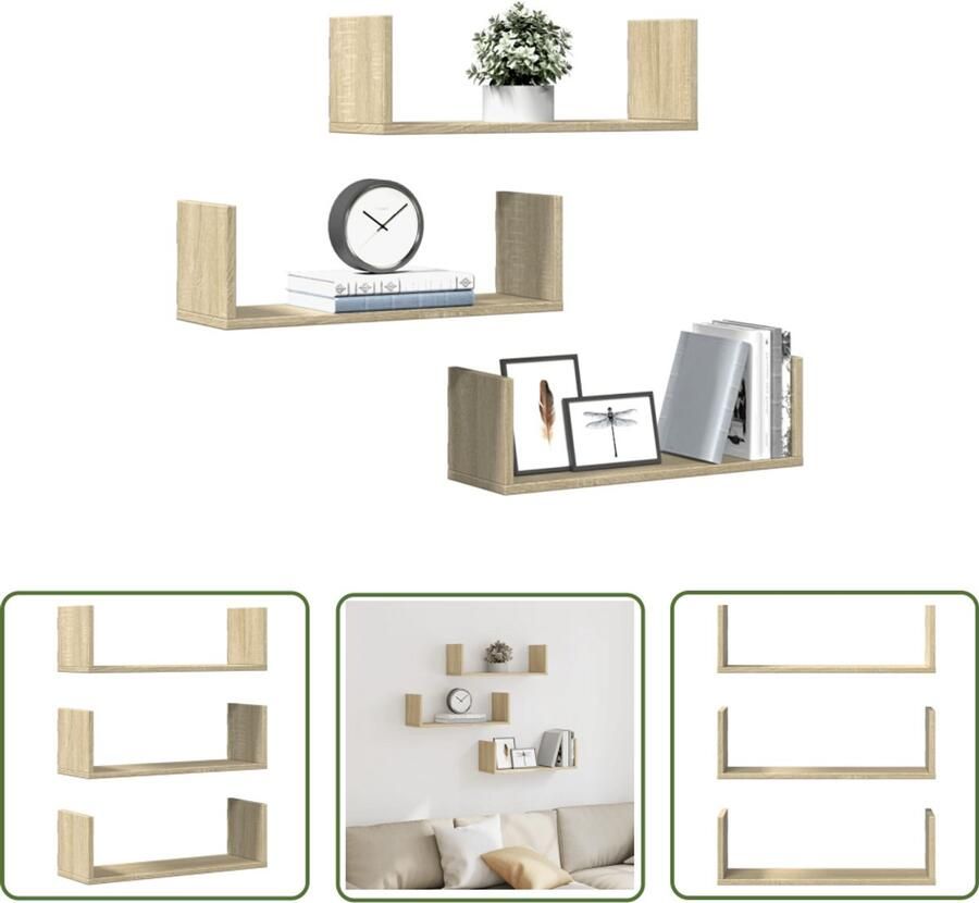 The Living Store Wandschappen 3 st 58x18x18 cm spaanplaat sonoma eikenkleurig Zwevende Wandplank Houten Wandplank Salontafel Badkamerkast Opslagwand