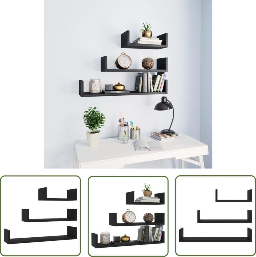 The Living Store Wandschappen 3 st bewerkt hout zwart Wandplank Schappenset Houten Plank Opbergplank Decoratief Rek