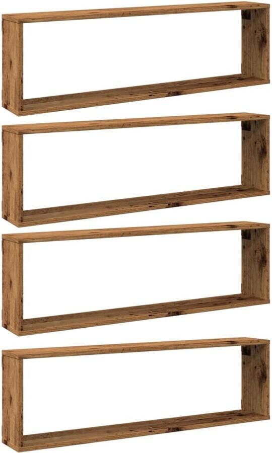 The Living Store Wandschappen kubus 4 st 100x15x30 cm bewerkt hout oud hout Kubus Wandschappen Houten Wandplank Opbergwand Wanddecoratie Vintage Meubels