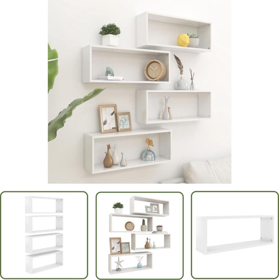 The Living Store Wandschappen kubus 4 st 60x15x23 cm bewerkt hout hoogglans wit Wandplanken Hoogglansspaanseel Witte Wanddecoratie Opslagoplossing Woonaccessoires
