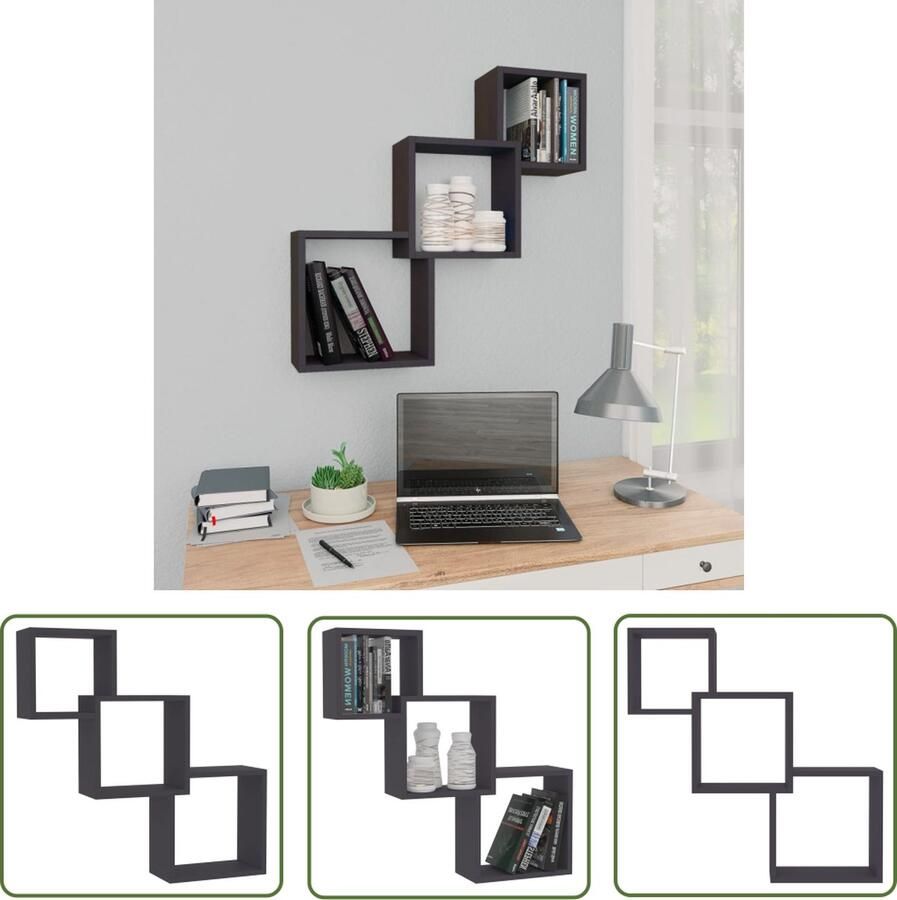 The Living Store Wandschappen kubus 68x15x68 cm bewerkt hout grijs Kubus Wandplanken Wanddecoratie Houten Wandrek Hangend Rek Opslagmogelijkheden