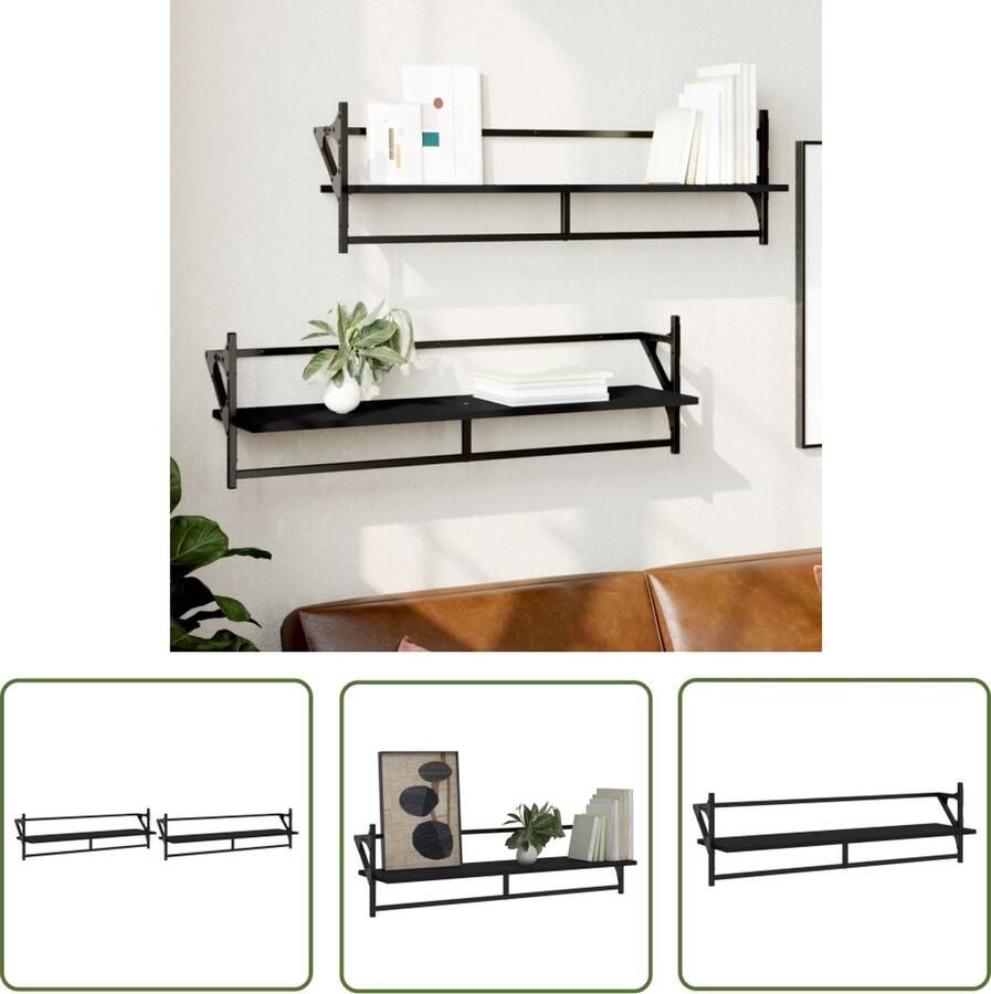 The Living Store Wandschappen met stangen 2 st 100x25x30 cm zwart Zwevende Wanden Wanddecoratie Houten Wandplanken Metalen Wandplanken Zwarte Wandkasten