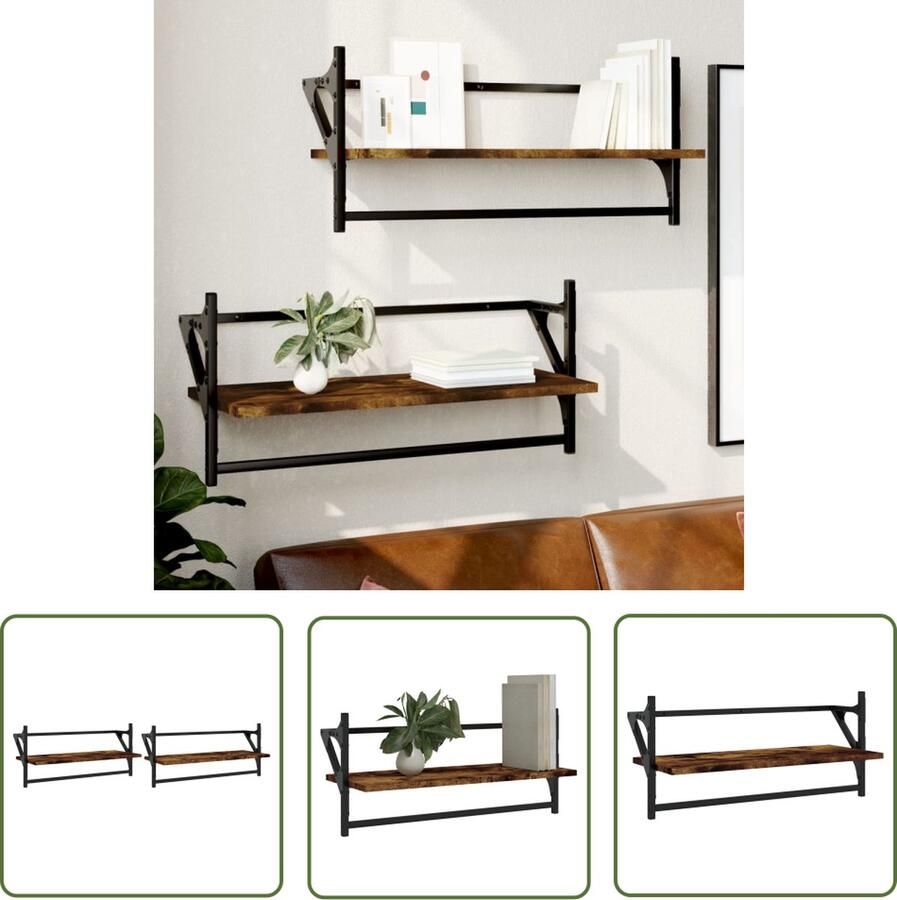 The Living Store Wandschappen met stangen 2 st 65x25x30 cm gerookt eikenkleurig Zwevende Wandplanken Houten Wanddecoratie Wandkasten Bergruimte Opslagmogelijkheden