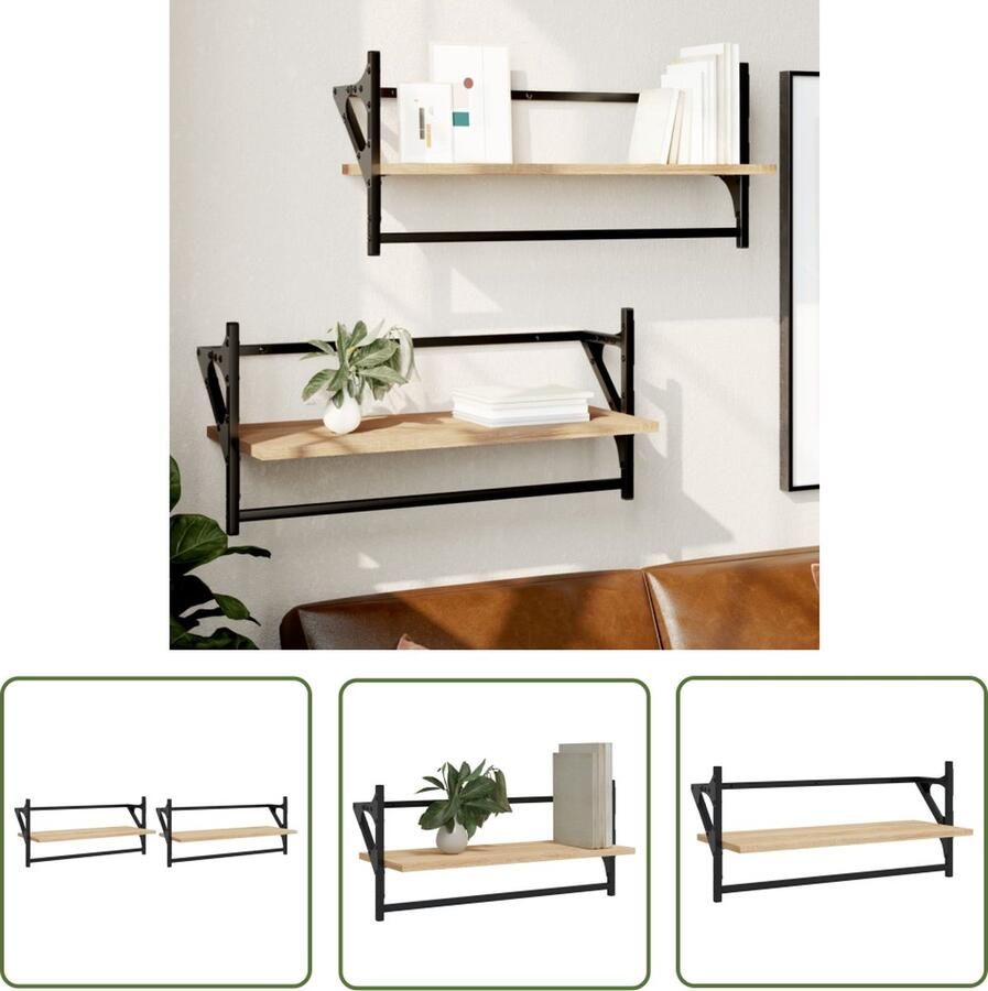 The Living Store Wandschappen met stangen 2 st 65x25x30 cm sonoma eikenkleurig Zwevende Wandplanken Houten Wanddecoratie Wandkasten Salon Meubilair Woonkamer Accessoires