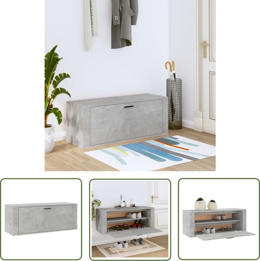 The Living Store Wandschoenenkast 100x35x38 cm bewerkt hout betongrijs Schoenenkast Wandkasten Schoene Organisatie Opslag Oplossing Inbouwkast - Foto 2