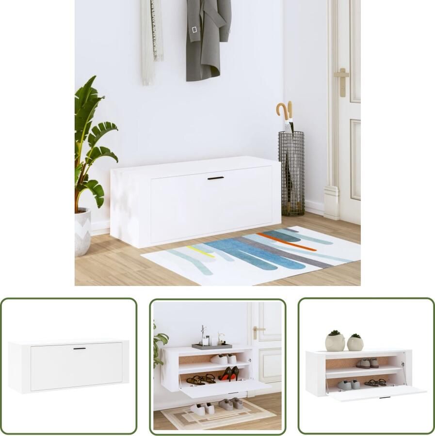 The Living Store Wandschoenenkast 100x35x38 cm bewerkt hout wit Schoenenkast Wandschoen Kast Schoenuitlegger Bergruimte Organisatie - Foto 2