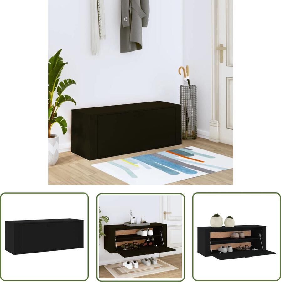 The Living Store Wandschoenenkast 100x35x38 cm bewerkt hout zwart Schoenenkast Wandschoenendoos Schoenuitlegger Bergruimte Organisatie - Foto 2