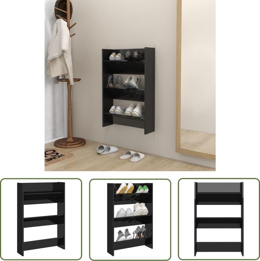The Living Store Wandschoenenkast 60x18x90 cm bewerkt hout hoogglans zwart Schoenenkast Wandenkast Schoenuitlegger Organisatie Opslag - Foto 2