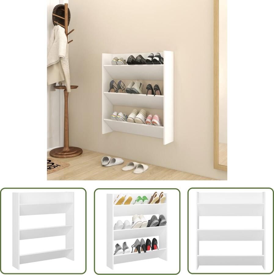 The Living Store Wandschoenenkast 80x18x90 cm bewerkt hout wit Schoenenkast Wandenplank Schoenuitlegers Bergruimte Organisatie - Foto 2