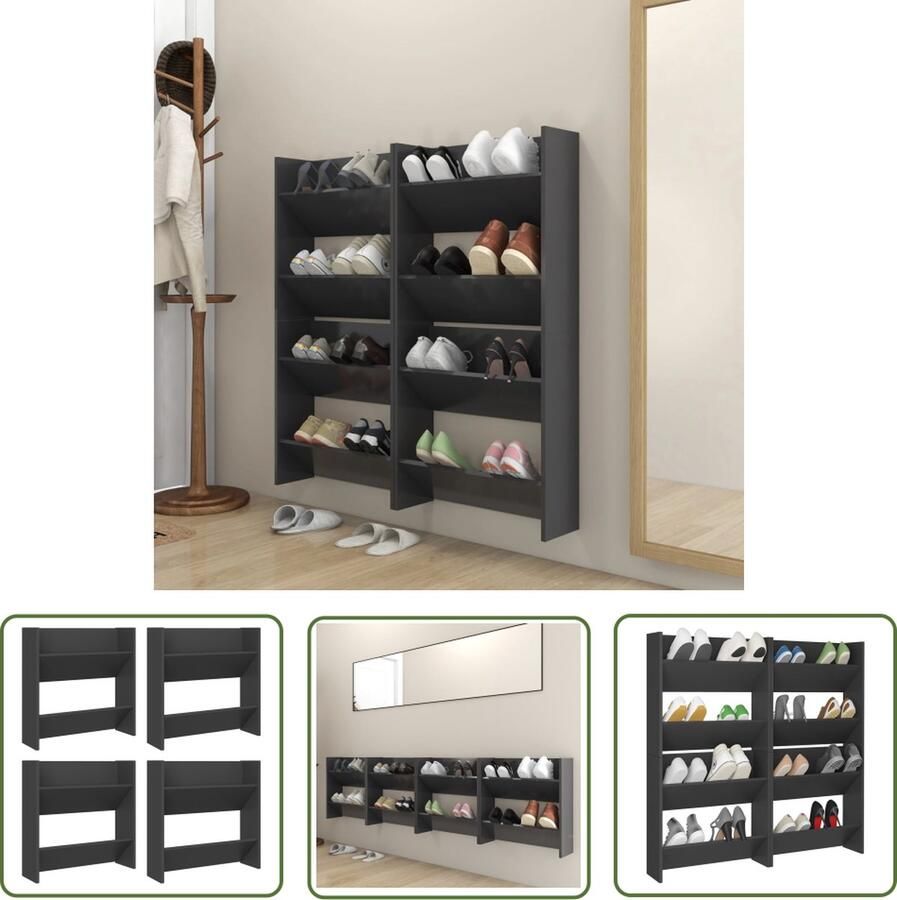 The Living Store Wandschoenenkasten 4 st 60x18x60 cm bewerkt hout grijs Moderne Schoenendoos Wanden Kast Schoenen Organizer Schoenen Opslaan Grijze Schoenenkast - Foto 2