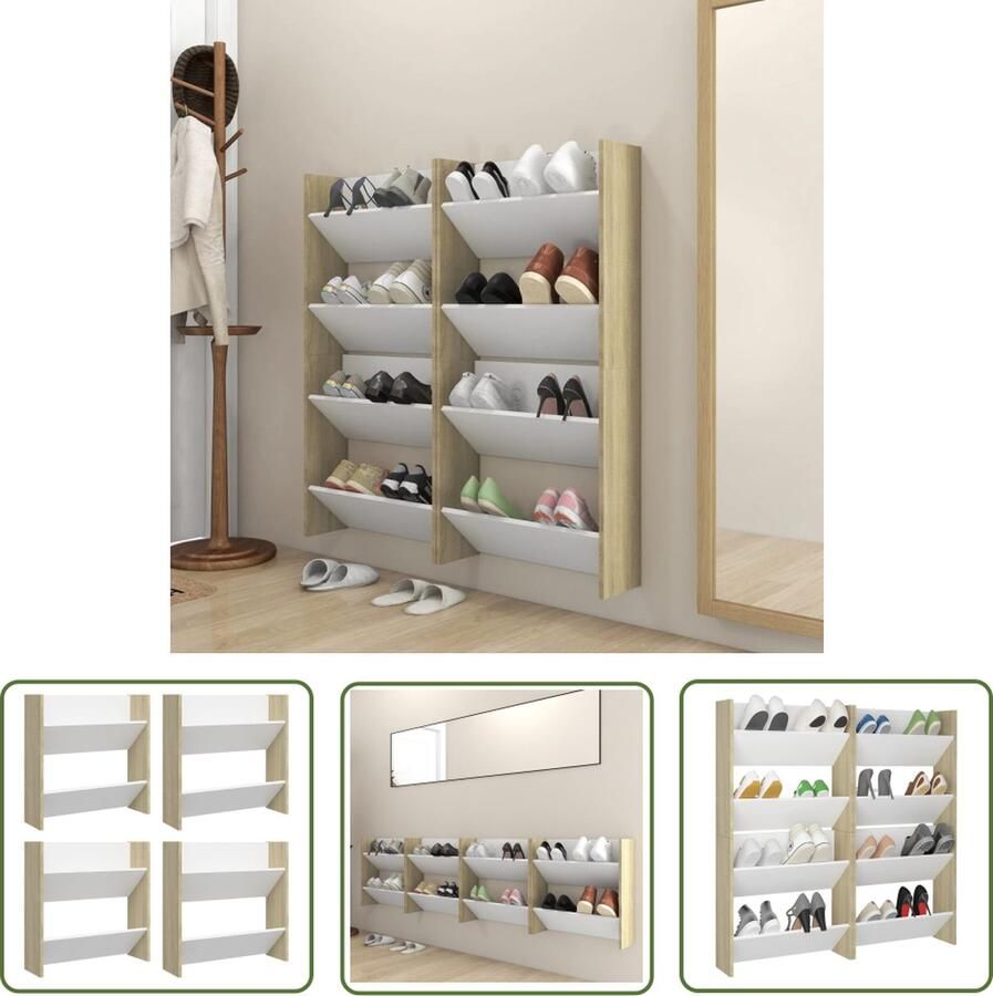 The Living Store Schoenenkast Wandmodel 60 x 18 x 60 cm 2 schuine schappen Wit en Sonoma eiken Schoenenkast Wandenkast Schoenupstelling Organisatie Bergruimte - Foto 2