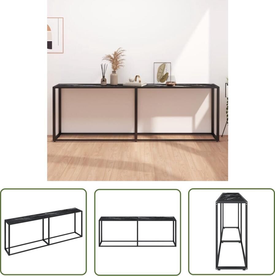 The Living Store Wandtafel Zwartmarmer 220 x 35 x 75.5 cm Gehard glas en gepoedercoat staal Wandtafel Zwarte Tafel Salontafel Bijzet Tafeltje Glas Tafel - Foto 2