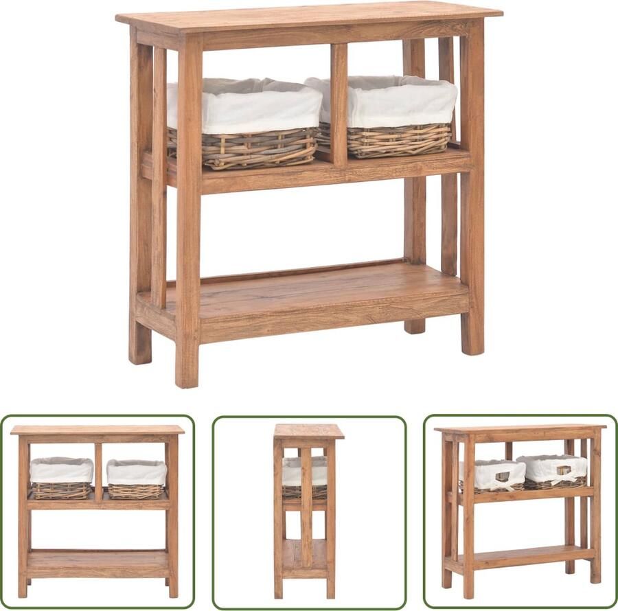 The Living Store Wandtafel Vintage Gerecycled Hout 69x28x70cm Met Rattan Manden Wandtafel Vintage Meubilair Retro Design Industriële Stijl Salontafel - Foto 3