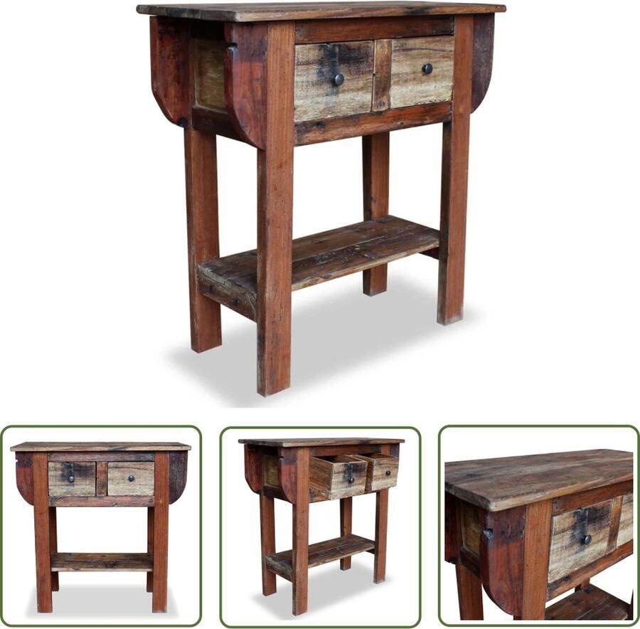 The Living Store Wandtafel Massief gerecycled hout 80 x 35 x 80 cm 2 lades en 1 schap Wandtafel Salontafel Bijzetkast Rustic Industrieel - Foto 3