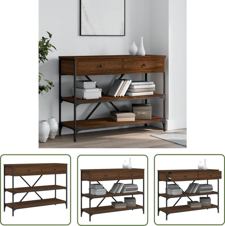 The Living Store Wandtafel Classic Bruin Eiken 100x34.5x75 cm 2 lades Stevig Stalen Frame Wandtafel Salontafel Bijzetkast Houten Kast Vintage Kast - Foto 3