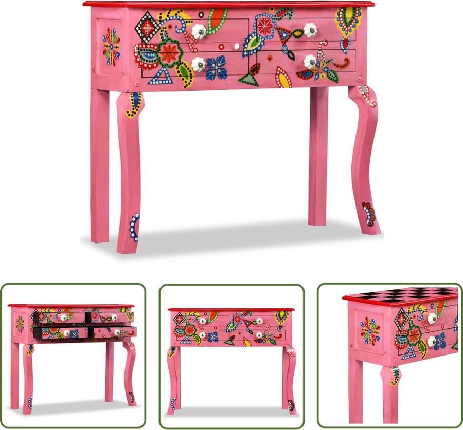 The Living Store Wandtafel handgeschilderd massief mangohout roze Houten Wandtafel Vintage Kast Handgemaakte Meubels Rozen Kleurtoneel Salontafel