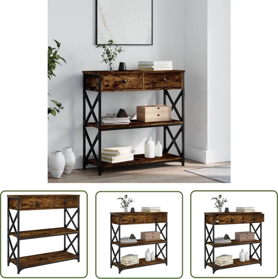 The Living Store Wandtafel 75x28x75 cm bewerkt hout gerookt eikenkleurig Wandtafel Industrieel Houten Tafellamp Bijzettafel Entreetafel - Foto 2